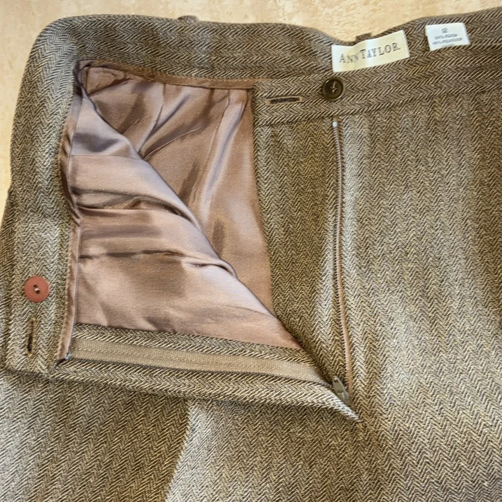 ANN TAYLOR trousers, gold/tan, herringbone tweed, pleats, pockets, cuffs. 12 EUC - Picture 8 of 17